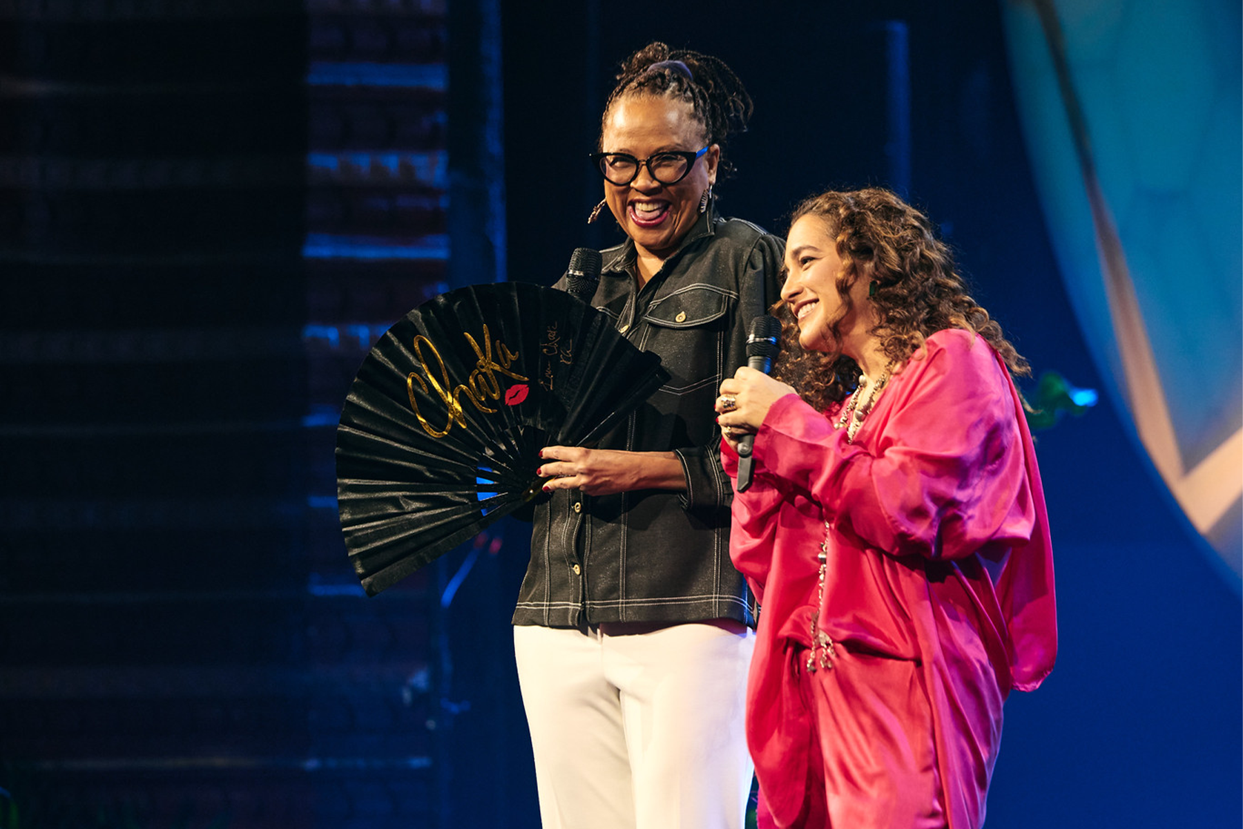 Cheryl Dorsey (left) and Celina de Sola (right) speaking during the Plenary at Skoll World Forum 2025.